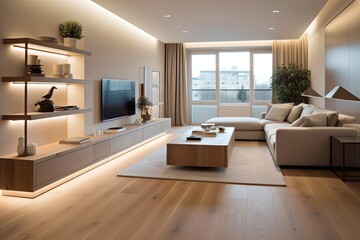 Modern Apartment Showcase: Neutral Color Palettes, Laminate Flooring, Soft Lighting Symphony.