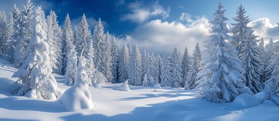 Majestic snowy landscape with winter trees and fresh snowfall under sunny sky