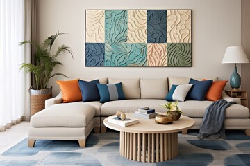 Mediterranean Color Palette: Modern Apartment with Wave-Patterned Tiles and Woven Wall Hangings