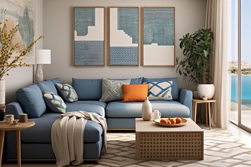 Modern Mediterranean Color Palette: Wave-Patterned Tiles & Woven Wall Hangings for Stylish Apartment Living Room