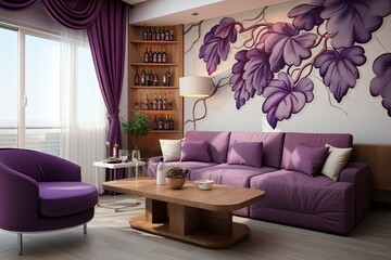 Grape Vine Bliss: Contemporary Apartment Living with Grape Wall Art and Vine-Inspired Decor