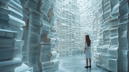 A woman in a white dress is standing in a building hallway with boxes, surrounded by glass and metal. The city is covered in snow, creating a visual arts scene in the winter darkness