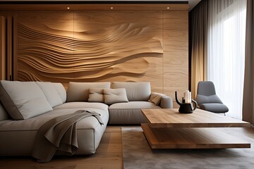 Contemporary Wooden and Clay Decor in Modern Apartment with Abstract Wood Paneling