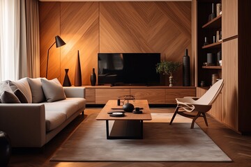 Contemporary Wooden and Clay Decor: Modern Apartment with Abstract Wood Paneling