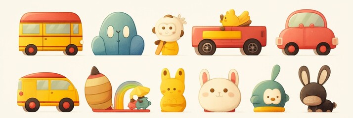 Watercolor illustration of children's toys in calm pastel colors isolated on a white background, banner