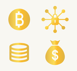 Business, finance, money icon set. Concept of work, corporation, company. Strategy, banking, accounting, analysis, management. Pack, collection, vector, golden