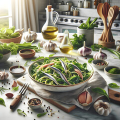 Puntarelle Salad with Anchovy on Marble Countertop