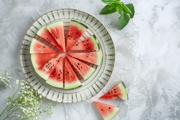 Fresh juicy watermelon cut into pieces, delicious summer dessert, top view