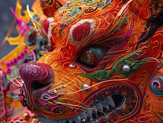 A vibrant and intricately decorated dragon mask