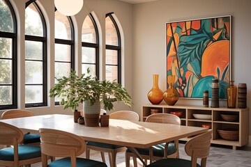 Modern Mediterranean Dining Room: Arched Windows & Art Deco Elegance