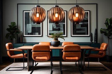 Retro Lighting Fixtures Illuminate Modern Dining Room with Art Deco Wall and Leather Armchairs