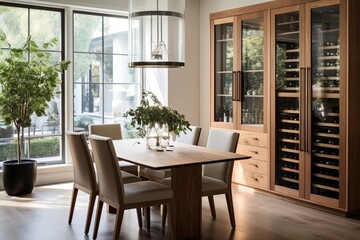 Fototapeta premium Glass Table Dining Space with Antique Wood Cabinetry for Wine Glasses