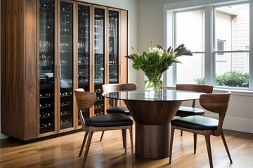 Glass Table Modern Dining Space with Antique Wood Cabinetry Storing Wine Glasses