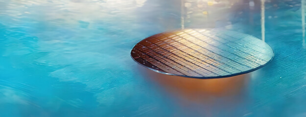 A silicon wafer on blue background. Delicate intricacies of high technology. Panorama with copy space.