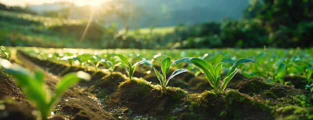 Sunlight bathes young plants in a vibrant field. Verdant sprouts emerge, heralding new growth in fertile soil. Illuminated foliage gleams under the sun's rays. Earth day. - obrazy, fototapety, plakaty
