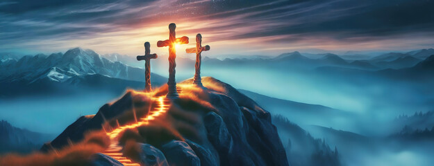 Three crosses stand against a dramatic sky atop a mountain. Crucifixion of Jesus Christ. Religious...