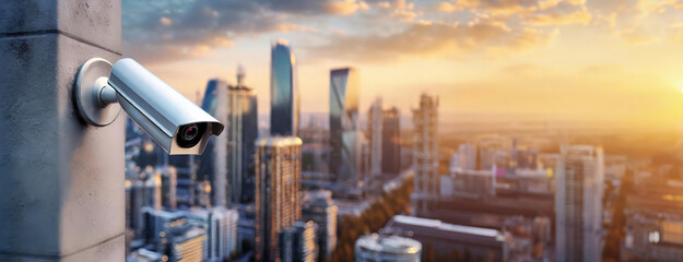 Surveillance camera oversees the bustling urban sprawl. Security in the digital age visualized. Electronic eye gazes over city life, safeguarding the populace. Panorama with copy space.