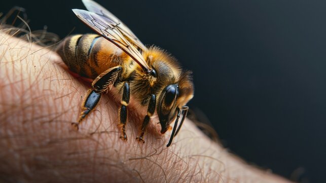 Closeup Picture of a bee stinging an arm. Isolated, space for copy, fine detail