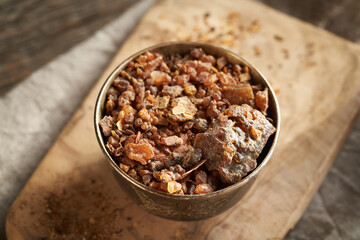 Myrrh resin in a bowl, close up
