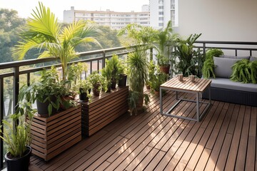 Naklejka premium Modern Flat Urban Garden Balcony: Laminate Floor & Bamboo Plant Dividers Inspiration