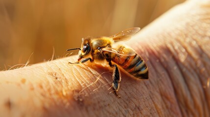 Closeup Picture of a bee stinging an arm. Isolated, space for copy, fine detail - obrazy, fototapety, plakaty