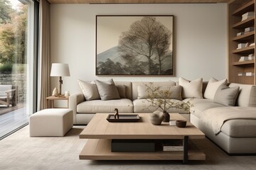 Modern Home: Neutral Color Palettes, Contemporary Sofa, and Wooden Coffee Table Harmony