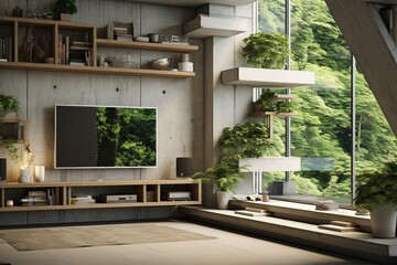 Fototapeta premium Augmented Reality Homes: Concrete and Greenery Entertainment Systems in Modern Living Spaces