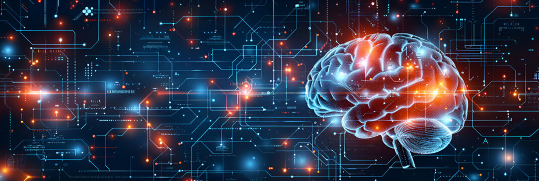 Translucent brain abstraction of futuristic medicine showing chip implantation and connection with artificial intelligence. Against the background of the Internet and the global network.
