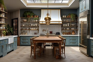 Brass Fixtures and Nautical Hues: Modern Kitchen with Repurposed Furniture Workstations