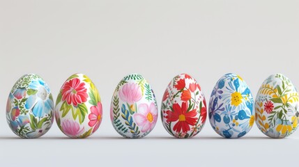 Fototapeta premium Delicately painted Easter eggs stand out against a clean white background, showcasing intricate patterns and vibrant colors.