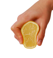 Hand squeezing lemon isolated on transparent layered background. - 751787369