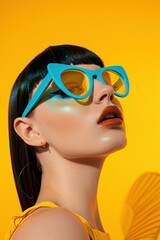 Fashionable Woman in Blue Shades on Yellow Background