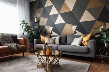 Geometric Wallpaper Designs and Scandinavian Furniture: Modern Living Room with Metal Accents