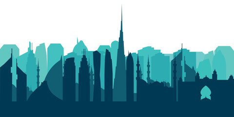 Dubai UAE 2024 skyline silhouette. Turquoise Dubai city design isolated on white background, vector sights - obrazy, fototapety, plakaty