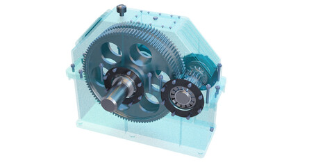 Close-up of a gearbox Assembly with transparent housing, showing the internal gear elements like bearings, shaft, seals and more