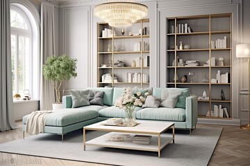Gold and Crystal Chandeliers: Modern Living Room with Scandinavian Furniture and Mint Green Sofa Accents