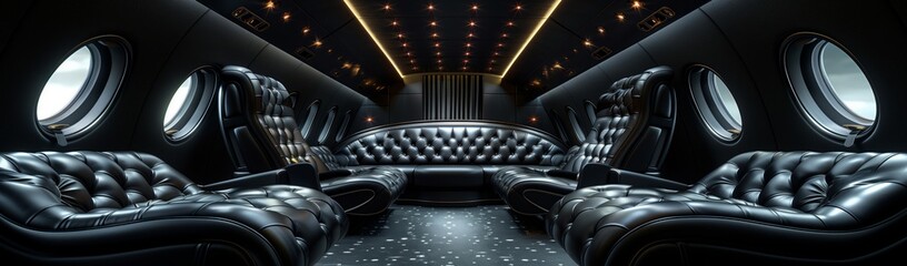 the inside of a limousine with a lot of seats and a couch . High quality