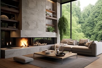 Obraz premium Cascading Waterfall Modern Living Room: Green Plants & Concrete Design