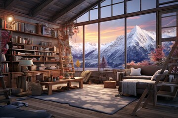 Smart Loft AR: Winter Landscape Artwork With Augmented Reality Furniture Gadgets - obrazy, fototapety, plakaty