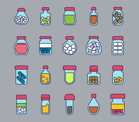 Vector line icon pills in bottle set. Medicine outline symbol and vitamin tablet. Pharmacy drug in bottle and disease antibiotic does. Healthcare and virus hospital