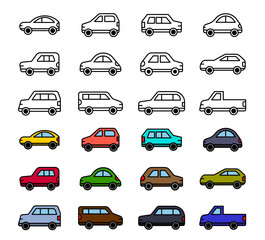 Vector line icon set simple car. Outline symbol auto and transportation pictogram. Simplicity vehicle transport and electricity automobile industry. Collection industry car