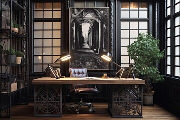 Ornate Ironwork Modern Office: Reclaimed Desk and Art Poster Scene