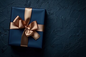 Ein edel verpacktes blaues Geschenk mit goldener Schleife auf dunkelblauem Hintergrund   - obrazy, fototapety, plakaty