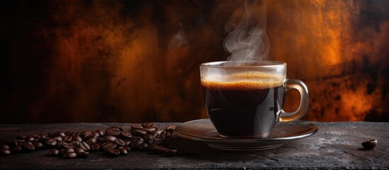Fototapeta premium A close-up view of a cup filled with steaming coffee, showcasing the dynamic movement of rising steam. The steam elegantly swirls upwards from the dark liquid, creating a captivating visual display.