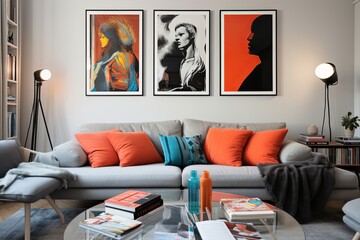 Modern Studio Apartment Vibes: Vinyl Seat Furnishings, Art Posters, and Contemporary Couch Setting