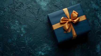 Ein edel verpacktes blaues Geschenk mit goldener Schleife 
