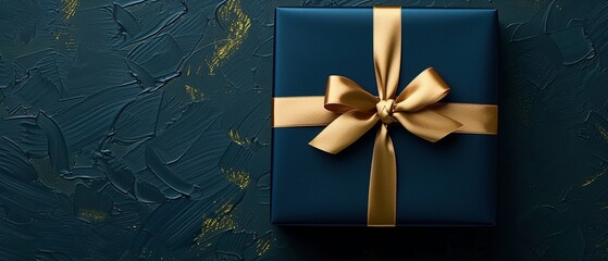 Ein edel verpacktes blaues Geschenk mit goldener Schleife  - obrazy, fototapety, plakaty