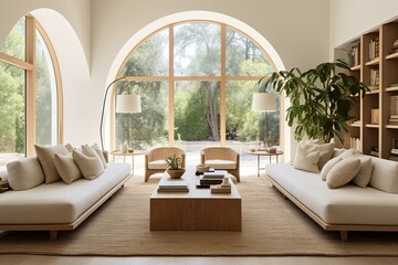 Modern Villa Oasis: Natural Fiber Rugs and Textiles Brighten Sunny Room with Arched Windows - obrazy, fototapety, plakaty