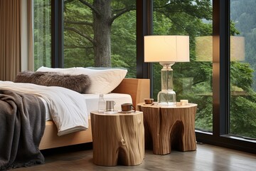 Modern Villa: Tree Stump Nightstands, Spacious Rooms, Large Windows, Serene Views