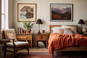 Natural Fiber Rugs and Textiles Adorn Vintage Bedroom with Art Posters and Classic Wooden Furniture